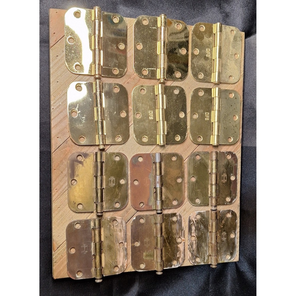 Lot of 12 DFS Brass Door Hinges 3.5 Inch Rounded Corner 6 Hole Vintage Hardware